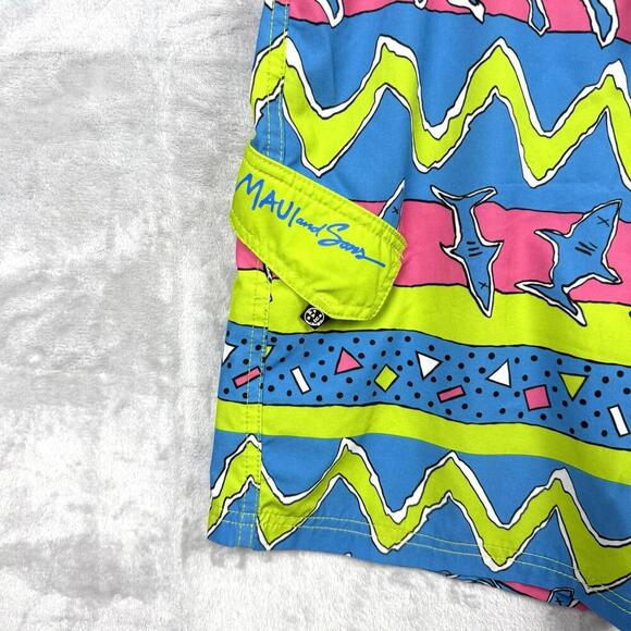 Maui and Sons Shark Print Swim Trunks Size L Neon Board Shorts Beach Summer - Picture 4 of 10